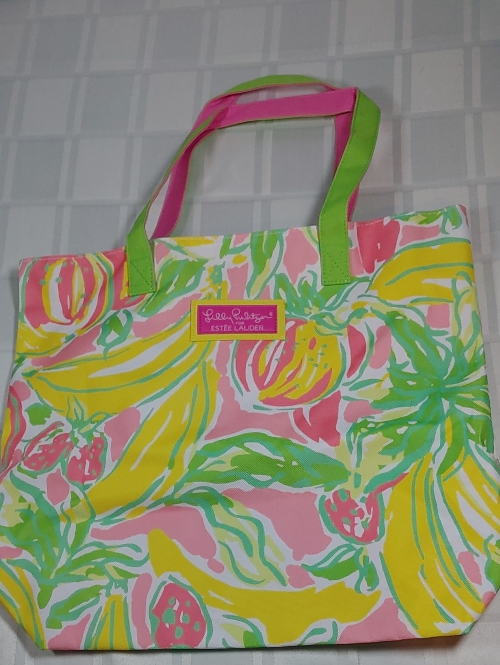 Lilly Pulitzer For Estee Lauder Pink, Yellow & Green Tropical Canvas Tote